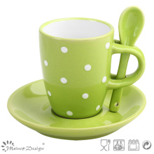 3.5oz Green Stoneware Espresso Cup and Saucer with Spoon